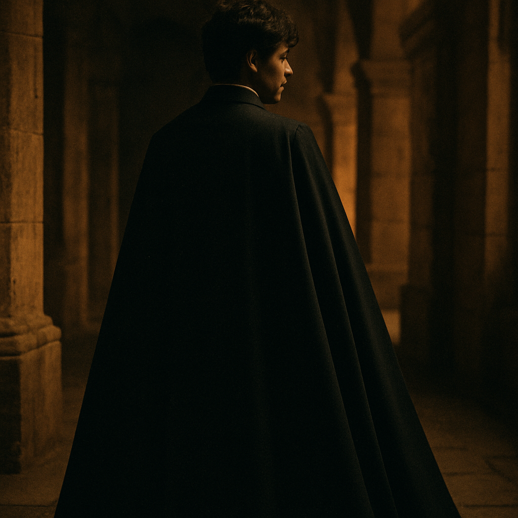 A student wearing the traditional black academic cape of the University of Coimbra