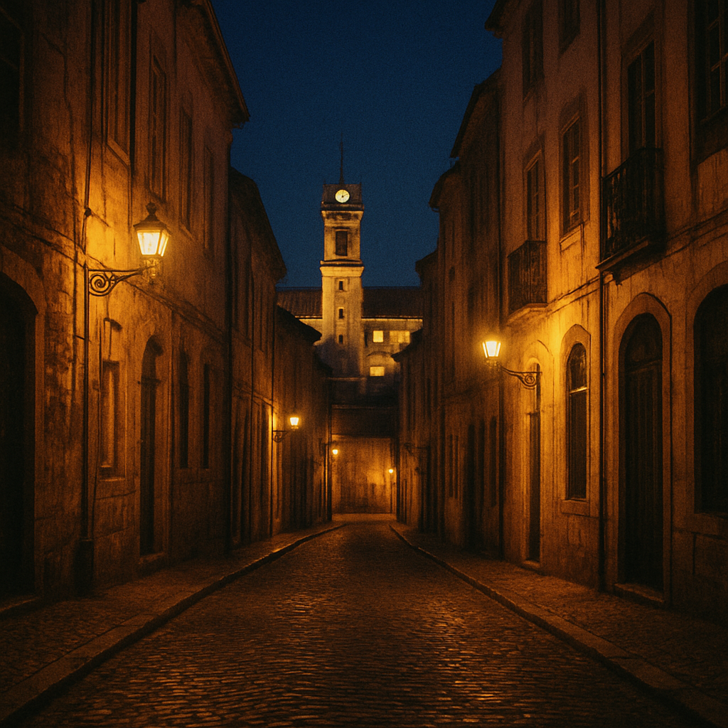 The old town of Coimbra at night with the University clock tower glowing