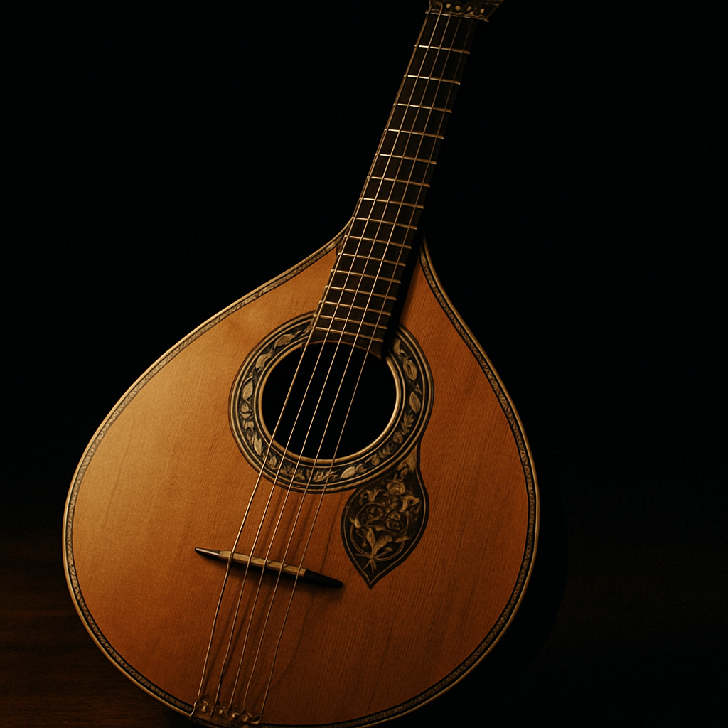 Close-up of a Portuguese guitar of Coimbra resting on dark wood
