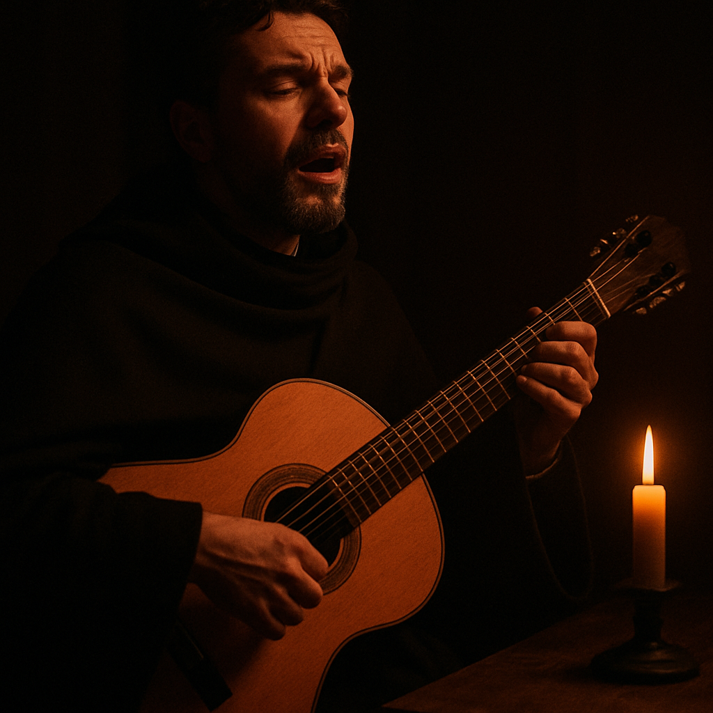 Coimbra fado musician in a black academic cape singing with a guitar in warm candlelight