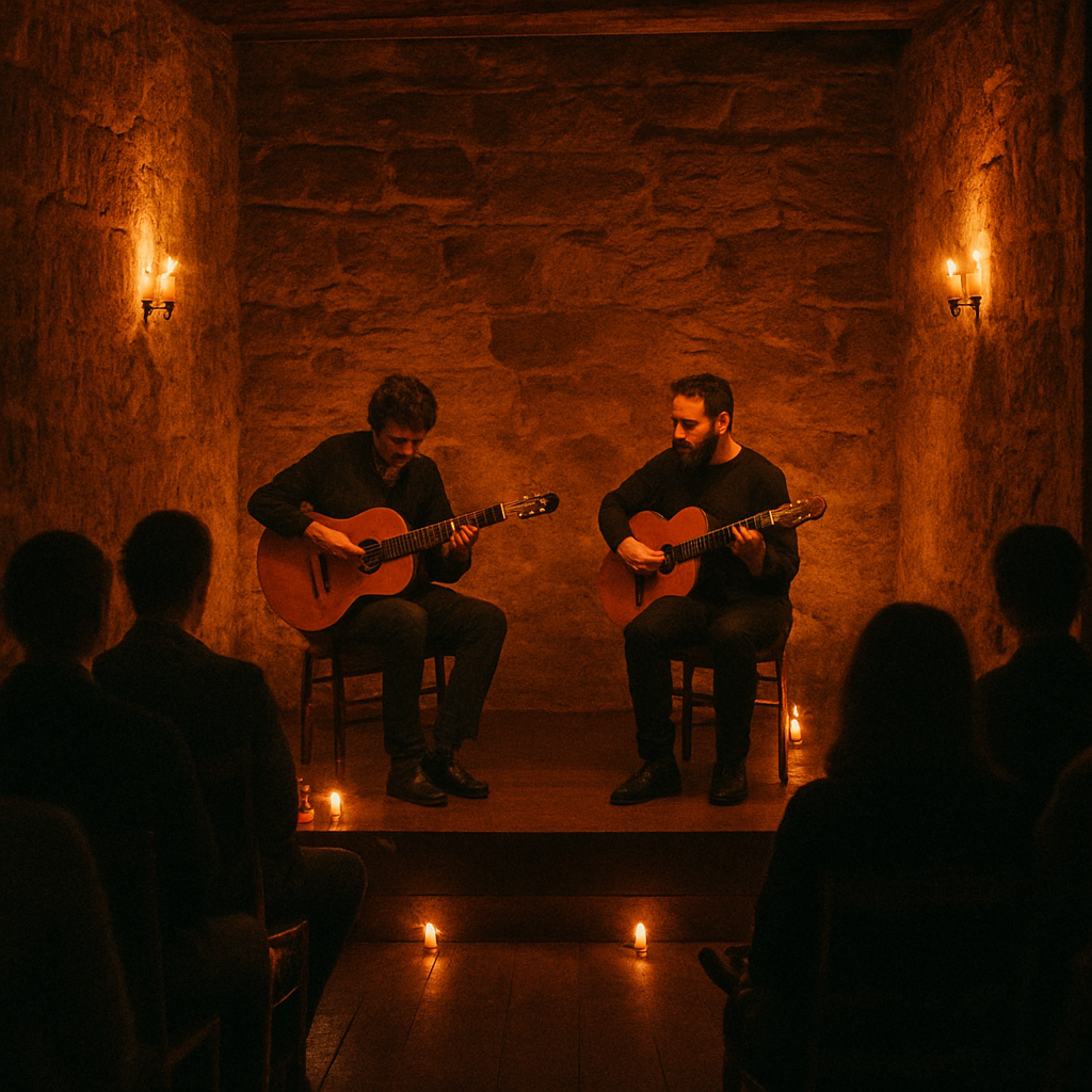 Intimate candle-lit room in Coimbra with musicians performing close to a seated audience