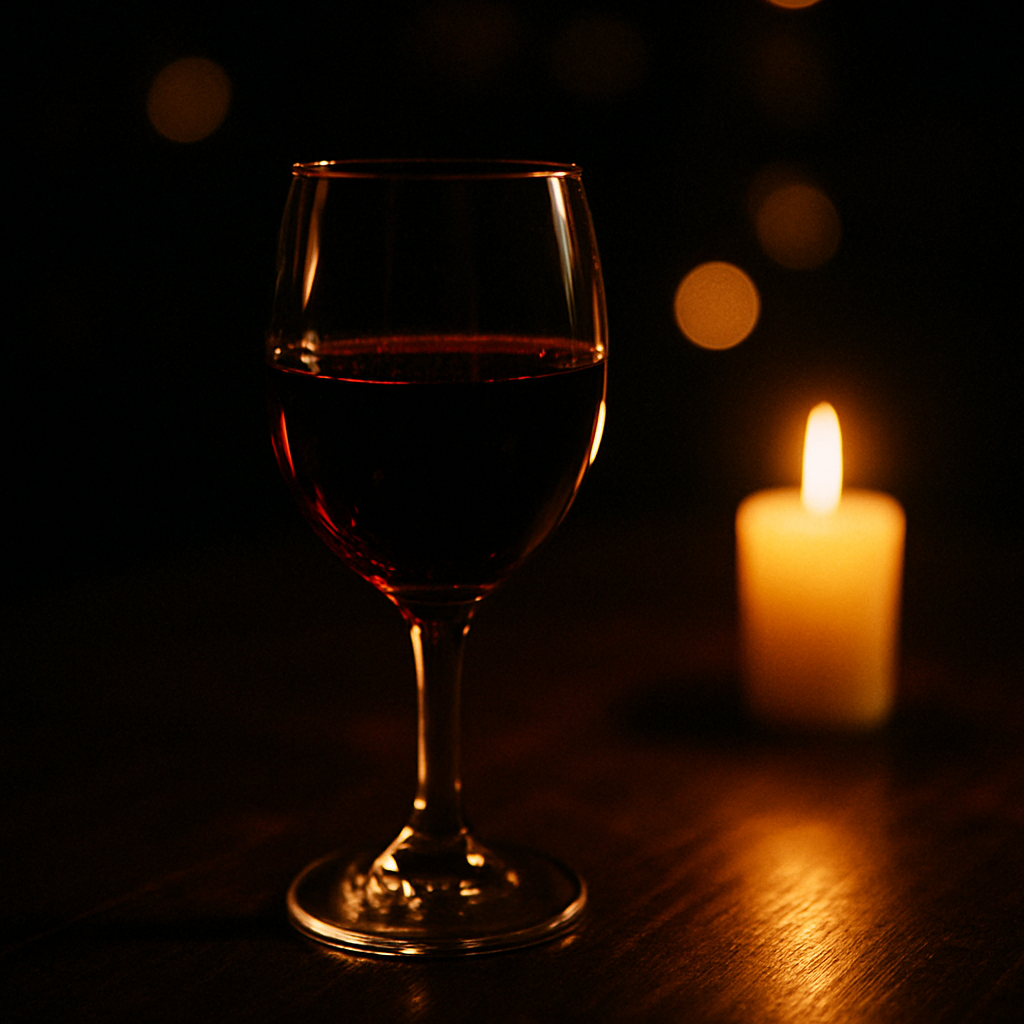 A glass of port wine in warm candlelight